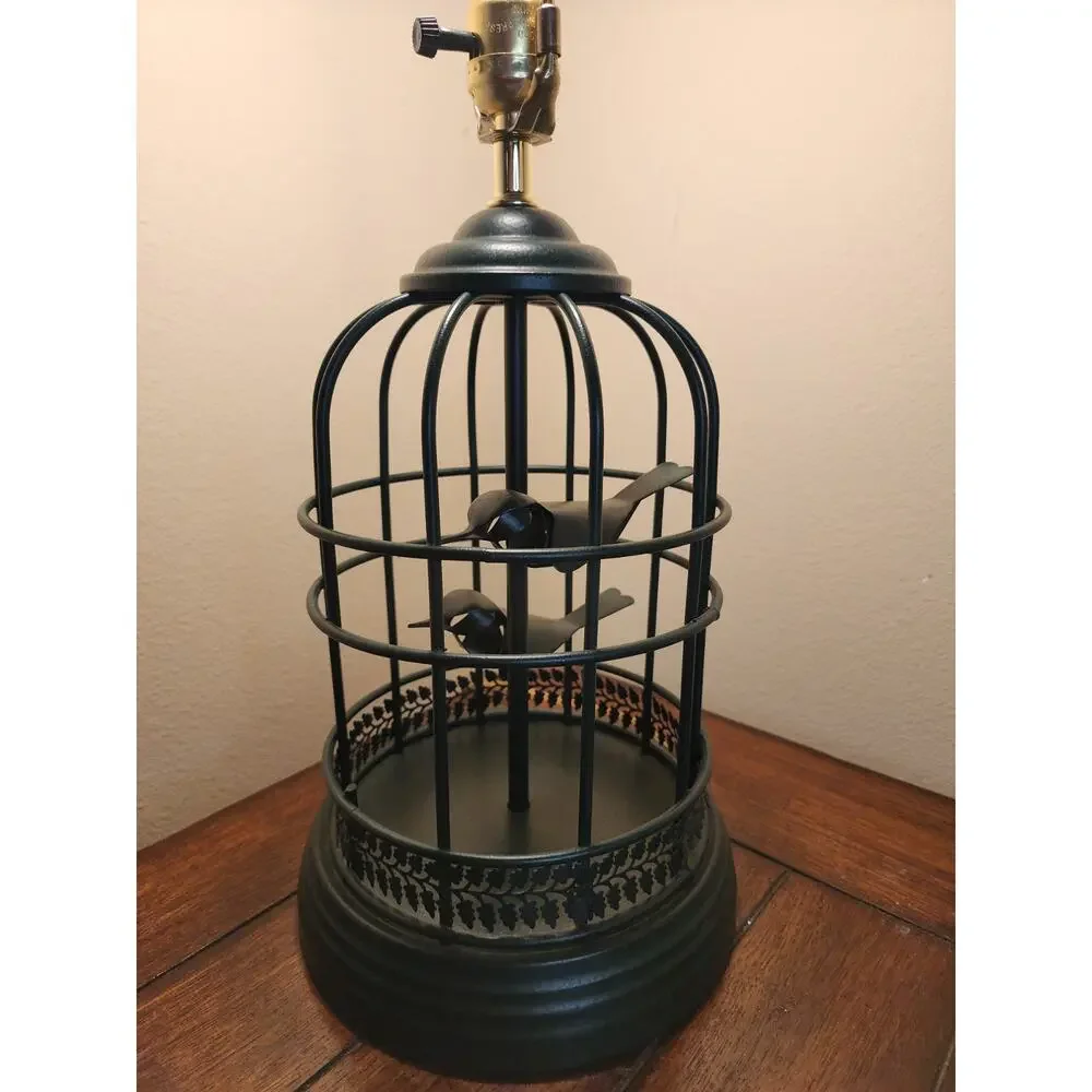 Vintage 1960s Steel Rod Hunter Green Birdcage Table Lamp 2 Stylized Birds